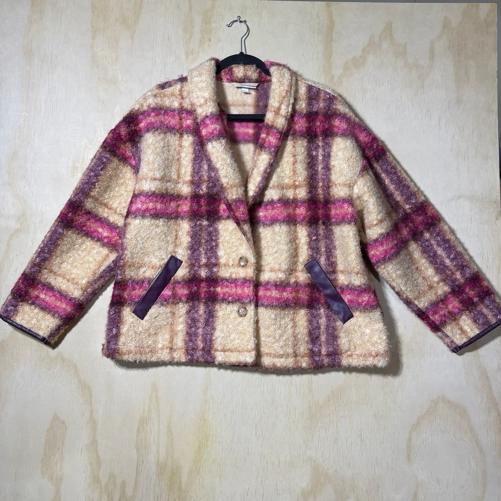 Knox Rose Plaid Teddy‎ Jacket Womens XL Sherpa Boucle Coat Pink Cream